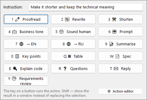 TextTools action menu after the hotkey: grid of actions for the selected text